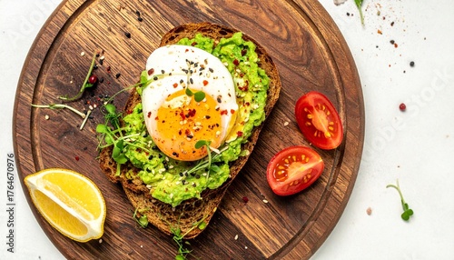 Savor a vibrant avocado toast topped with a perfectly poached egg, microgreens, and cherry tomatoes, artfully presented on a rustic wooden board, a delicious and healthy breakfast.