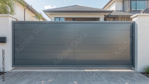 Modern suburban house featuring a grey aluminum metal gate with remote-controlled automatic steel doors