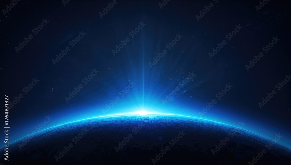 Fototapeta premium Wide Vector Image of a Planet Emitting a Horizontal Blue Glow
