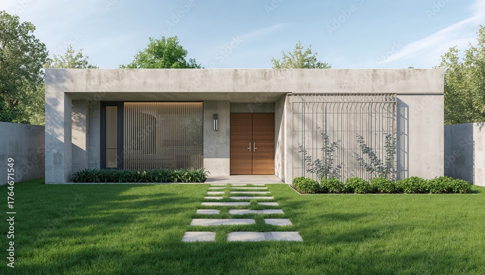 Obraz premium Modern luxury residence featuring concrete walls and a wooden entrance door. Lush green lawn surrounding the home's front area. 3D rendering of a stylish vacation villa exterior.