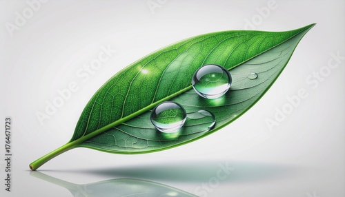 Stunning macro view of pure water droplets on a vibrant green leaf, symbolizing freshness and nature's purity.