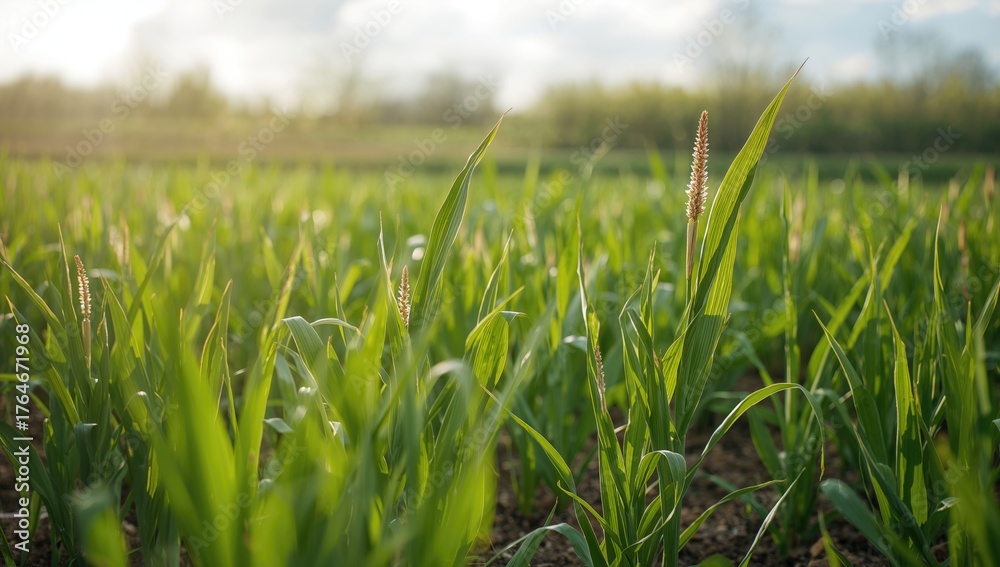 Fototapeta premium Young corn seedlings growing in a field during spring
