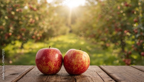 Two Fruits on a Wood Surface, Abstract Orchard Background with Golden Hour Lighting.