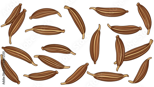 A collection of brown elongated cumin seeds with light stripes on a white background