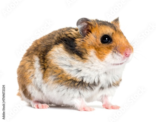 A close-up studio shot of a brown, white, and tan hamster against a clean, white background