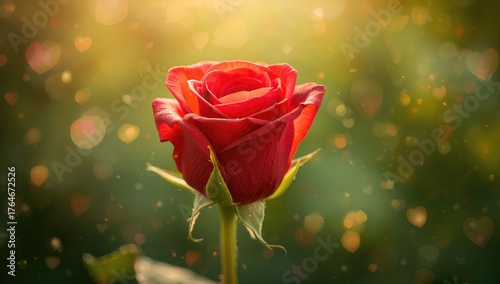 A single crimson rose illuminated against a green bokeh background for a romantic occasion.