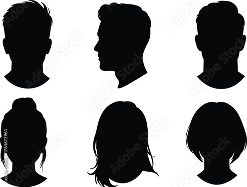 Male and female head silhouettes, hairstyle outline icons, people profile symbols, black human figure collection, hairstyle design set, gender silhouette illustration