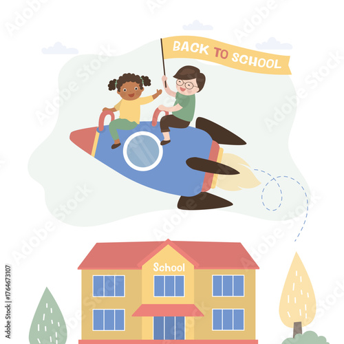 Funny multiethnic children flying on rocket. Back to school. Students flying for knowledge. Сute children friends, classmates. School building waiting little students