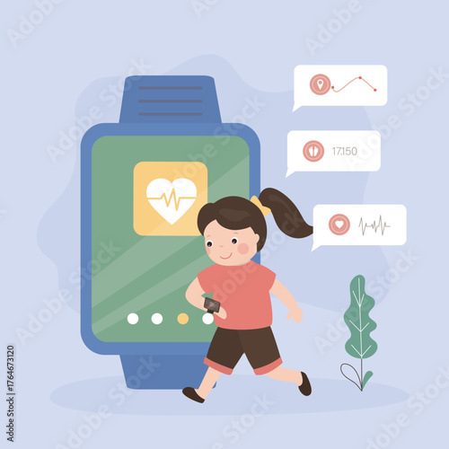 Cute little girl wear smart watch on wrist. Smart gadget for - talking, navigation, parental control and healthy lifestyle. Funny kid with electronic watch