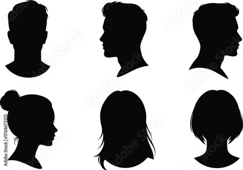 Male and female profile silhouettes, hairstyle outline icons, people head symbols, black human figure collection, hairstyle design set, gender profile illustration