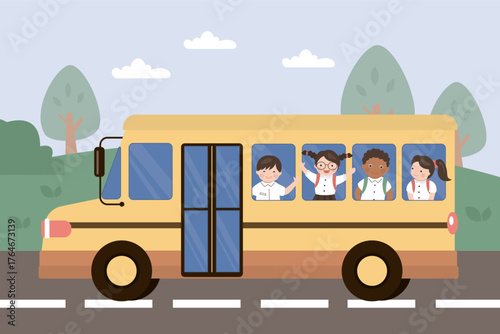 Multiethnic little kids boy and girl ride school bus and go to school. Start education process. Back to school. Bus ride on road. Schoolboys and schoolgirls.