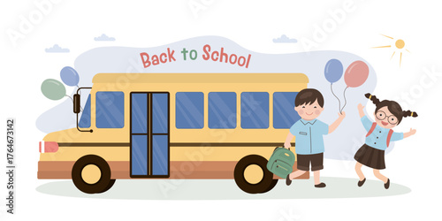 Little kids boy and girl jumping before school bus. Start education process. Back to school. Cute schoolboys and schoolgirls, classmates