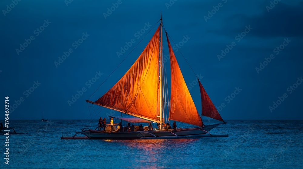 Fototapeta premium Illuminated traditional outrigger sailboat navigates calm water under a dark evening sky