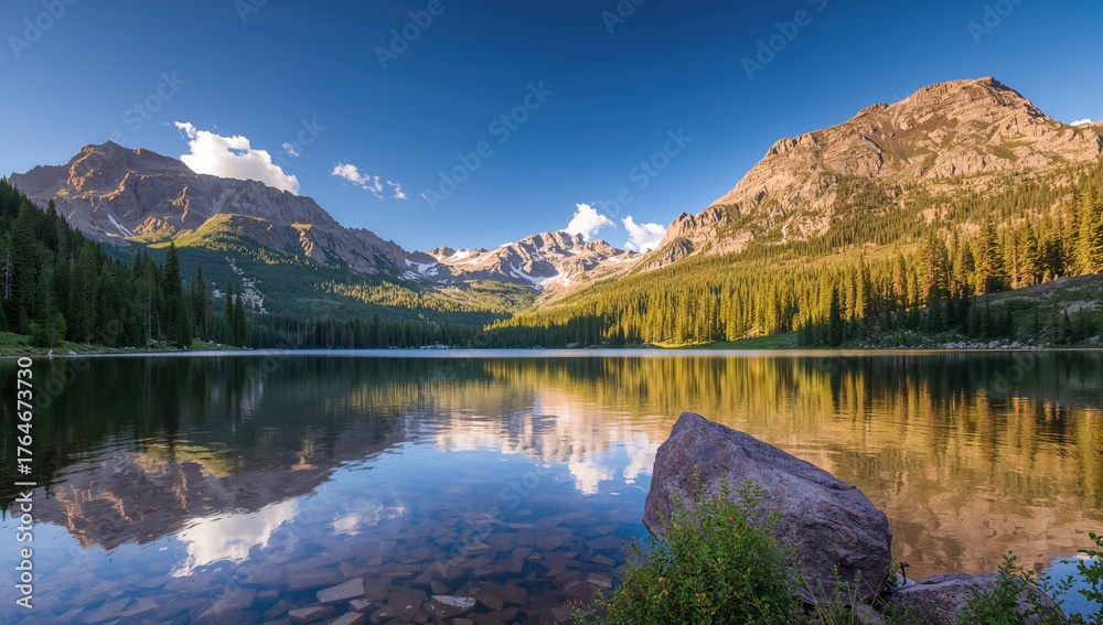 Obraz premium A serene mountain lake surrounded by peaks during summer in a wilderness area