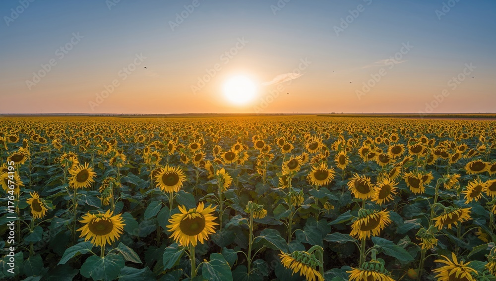 Obraz premium Sunrise over a vast sunflower field seen from above