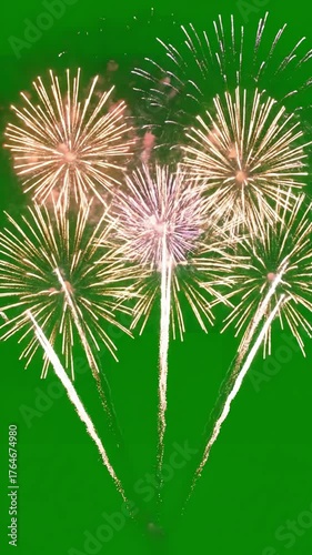 Green Screen beautiful colorful fireworks on a scene 3 with distortion, overlay, glitch, static noise, scan lines black background, 4k animated video loop