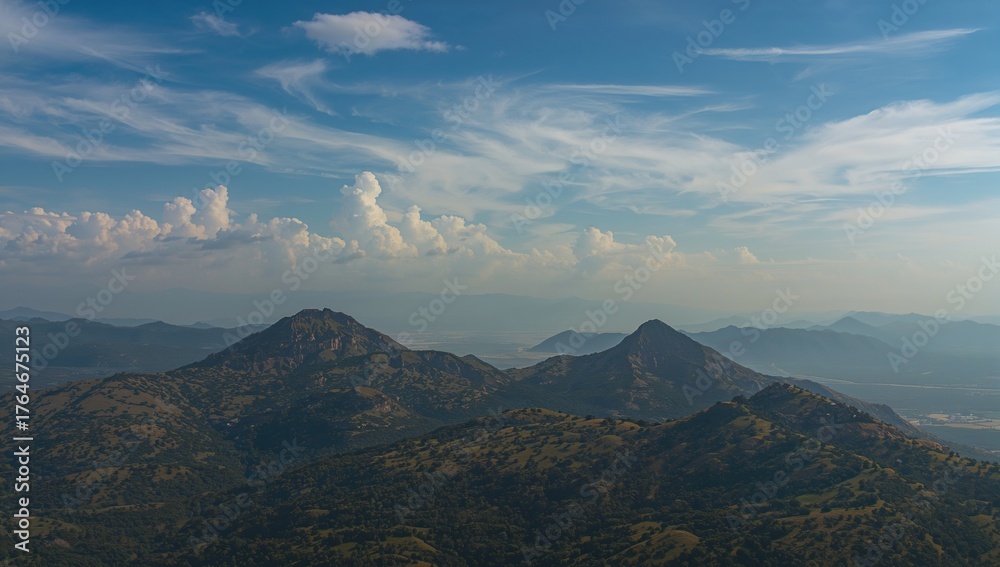 Naklejka premium Mountain Peaks Under a Vibrant Blue Sky with Clouds
