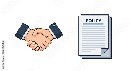A cartoon illustration of a business handshake next to a stacked policy document, symbolizing a formal agreement.