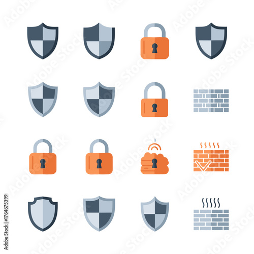 A collection of flat design security icons featuring grey checkered shields, orange padlocks, and abstract digital data symbols for cybersecurity concepts.