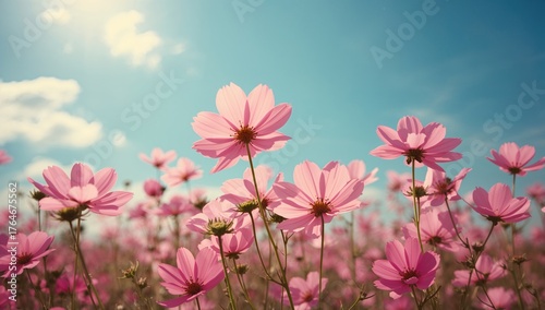 Bright pink cosmos flowers glowing under a clear blue sky, summer nature scene