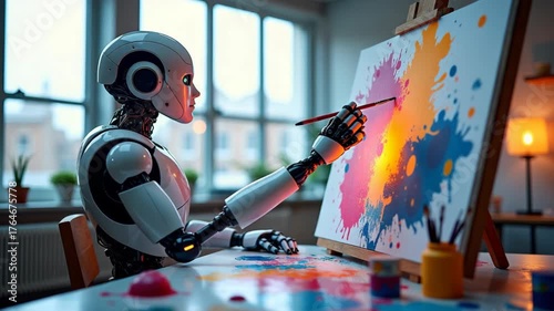 Futuristic robot artist painting on a colorful canvas in a bright studio, writing AI ART on the easel, with modern city skyline through large windows. Concept of artificial intelligence creativity