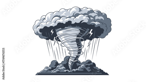 A grayscale illustration of a tornado with lightning and rain