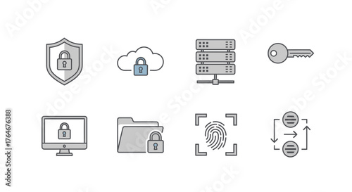 A set of line art cybersecurity icons featuring a shield, cloud, server, key, monitor, folder, fingerprint, and network symbol in gray and blue.