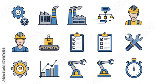 A vibrant collection of colorful filled outline icons representing industrial manufacturing, engineering, and factory production processes.