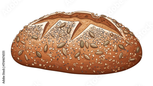 A loaf of bread covered in various seeds with scoring on top