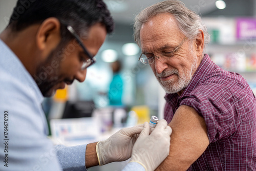 Senior man receiving flu shot from pharmacist at community pharmacy