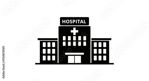 Black and White Silhouette of a Modern Hospital Building with Signage.