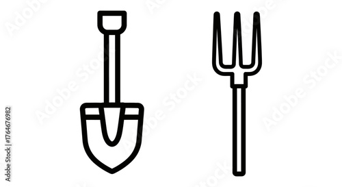 Black outline icons of a garden shovel with a D-handle and a four-tine pitchfork.