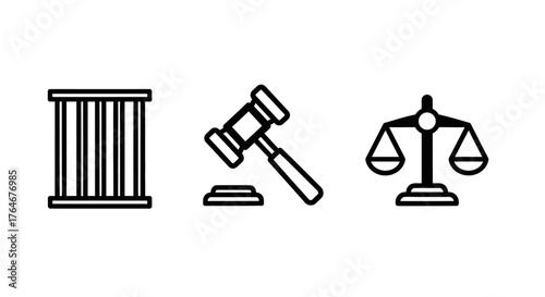 Black outline icons of jail bars, judges gavel, and scales of justice, symbolizing law and order.