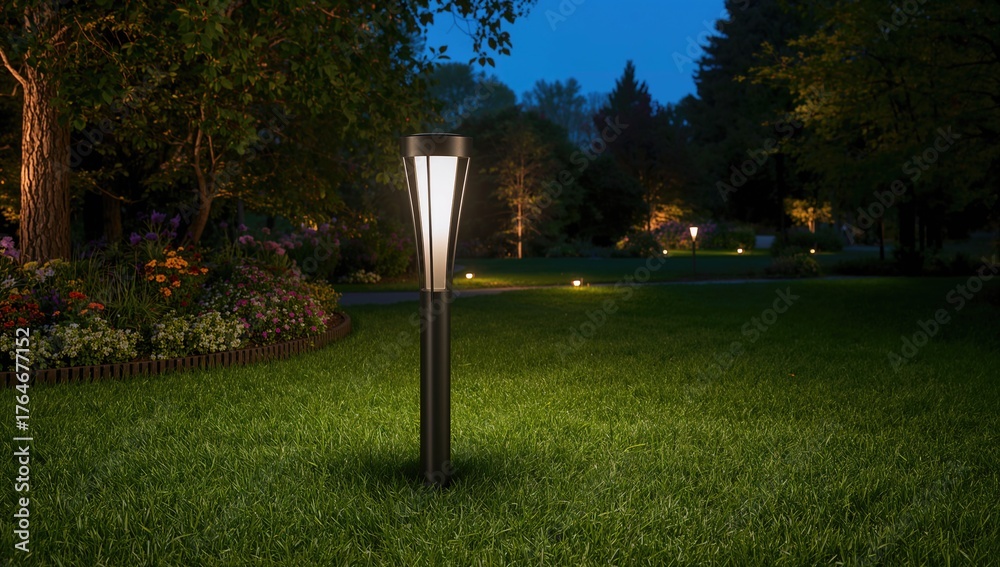 Fototapeta premium Garden lighting with outdoor lamp on lawn during summer