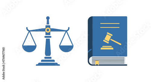 Blue Scales of Justice and Law Book with Gavel Icon.