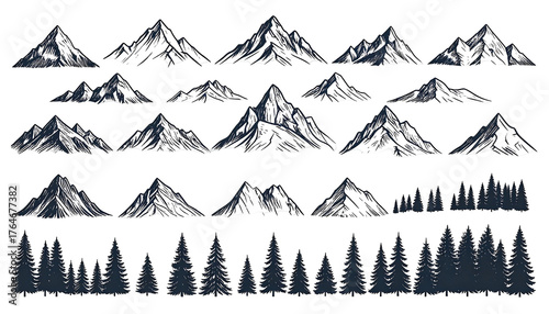 A collection of digital sketches showing various mountain ranges and tall evergreen trees on a dark background