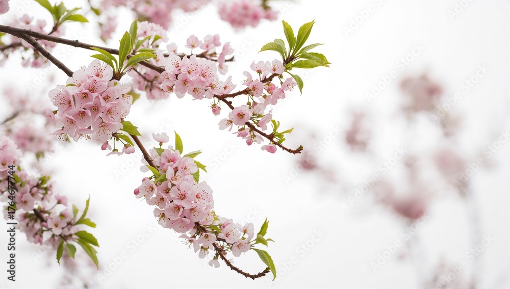 Fototapeta premium Cherry tree with pink flowers set against a white backdrop