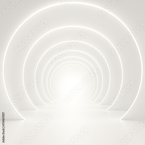 Endless white tunnel with glowing circular arches