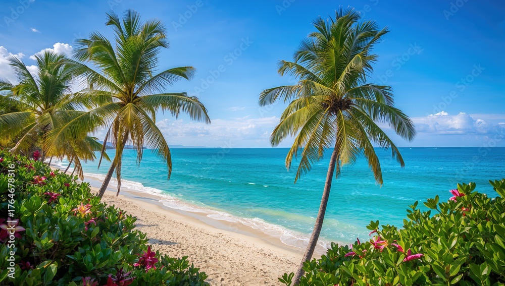 Fototapeta premium Lush green trees border a pristine white sandy beach under a clear blue sky, offering peaceful ocean vistas.
