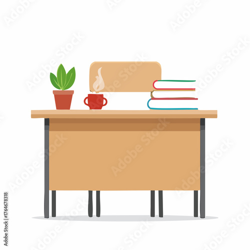 A tidy and organized wooden office desk with a chair, a stack of books, a hot cup of coffee, and a small plant, concept for a comfortable workspace