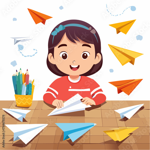 Joyful young girl engrossed in the creative art of origami, happily folding a fleet of colorful paper airplanes at her desk for a fun playtime activity
