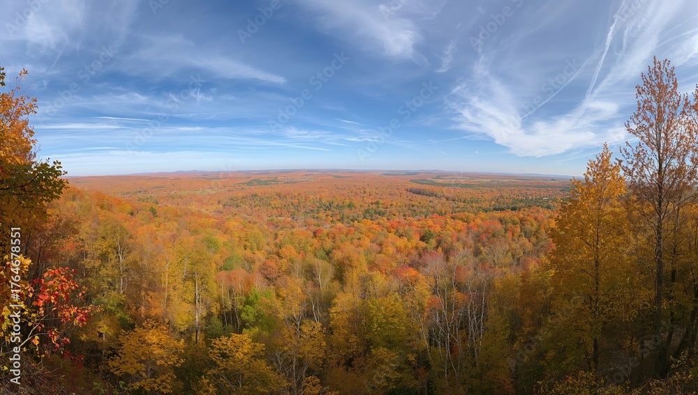 Fototapeta premium Extensive panoramic view of a vibrant fall woodland