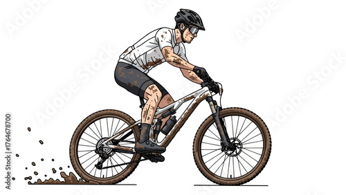 A muddy cyclist races a mountain bike on a white background