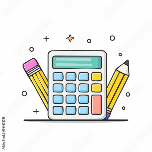 Illustrative depiction of a calculator and pencils, symbolizing education, learning, and the concept of doing sums and calculations for academic or professional purposes