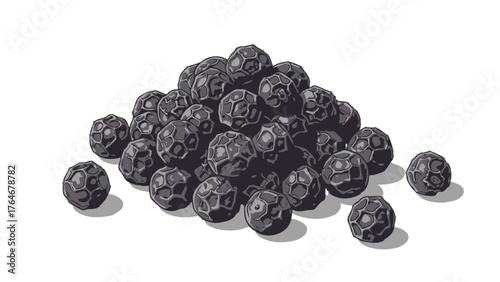 A pile of small dark round objects with textured surfaces