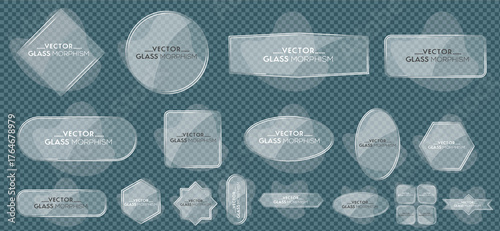 Collection of 20 trendy glass morphism vector set. Creative glassy rectangles, circles, hexagons, frames and shadows on a transparent background. Eps 10.