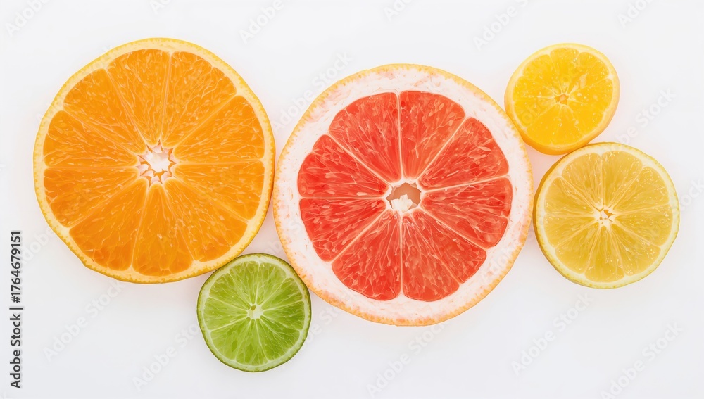 Obraz premium Individual citrus fruits including orange, pink grapefruit, lime, and lemon segments on a white backdrop