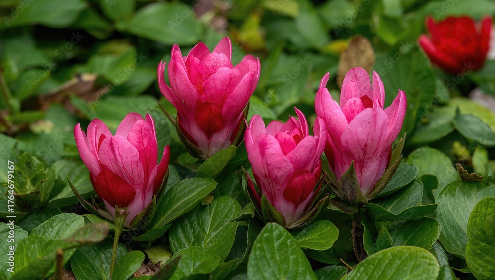 Fototapeta premium Close-up of vibrant cyclamen blooms surrounded by lush foliage