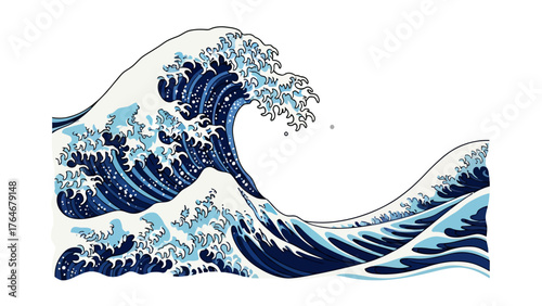 A pixel art depiction of Hokusais Great Wave on a white background