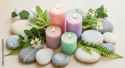 Zen Still Life with Pastel Candles and Smooth Stones on a Wooden Table, Serene Arrangement of Lit Candles, Polished Pebbles, and Greenery for Relaxation and Wellness